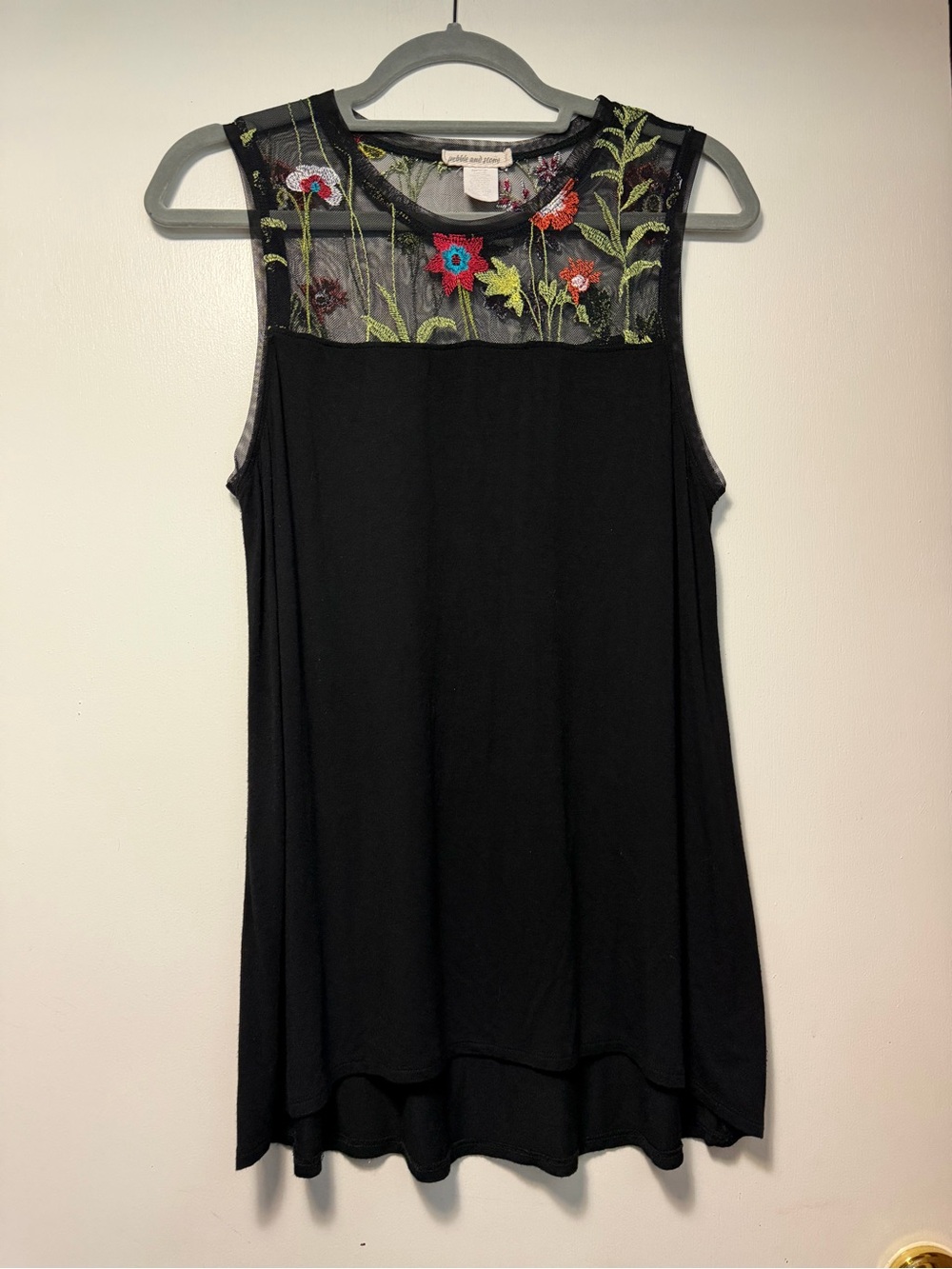 Pebble and Stone Beautiful Black Tank with Multicolor Floral Embroidered Mesh